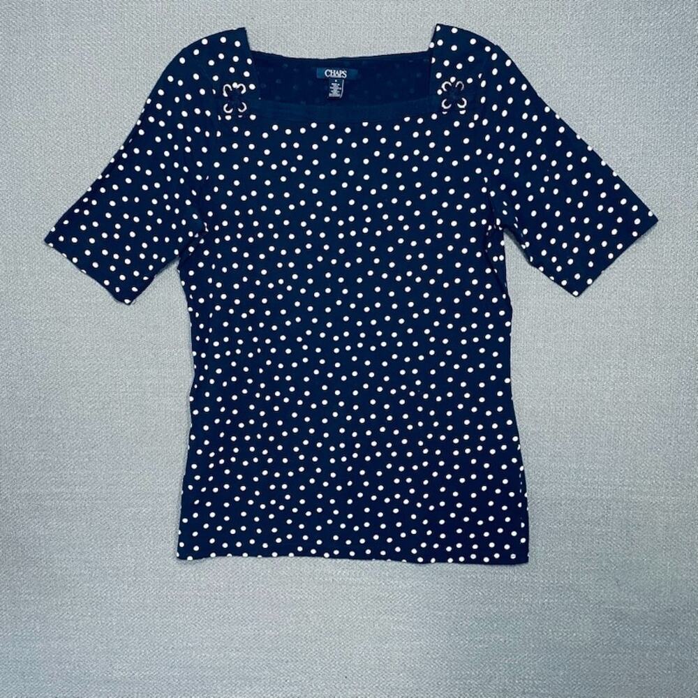 Chaps Women’s Polka Dot Short Sleeve Top Blouse Square Neck Size M Nautical